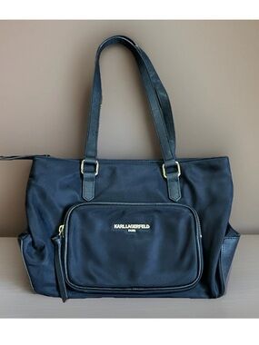 Karl Lagerfeld Paris Purse Black Nylon Medium Tote Shoulder Hand Bag Gold Logo